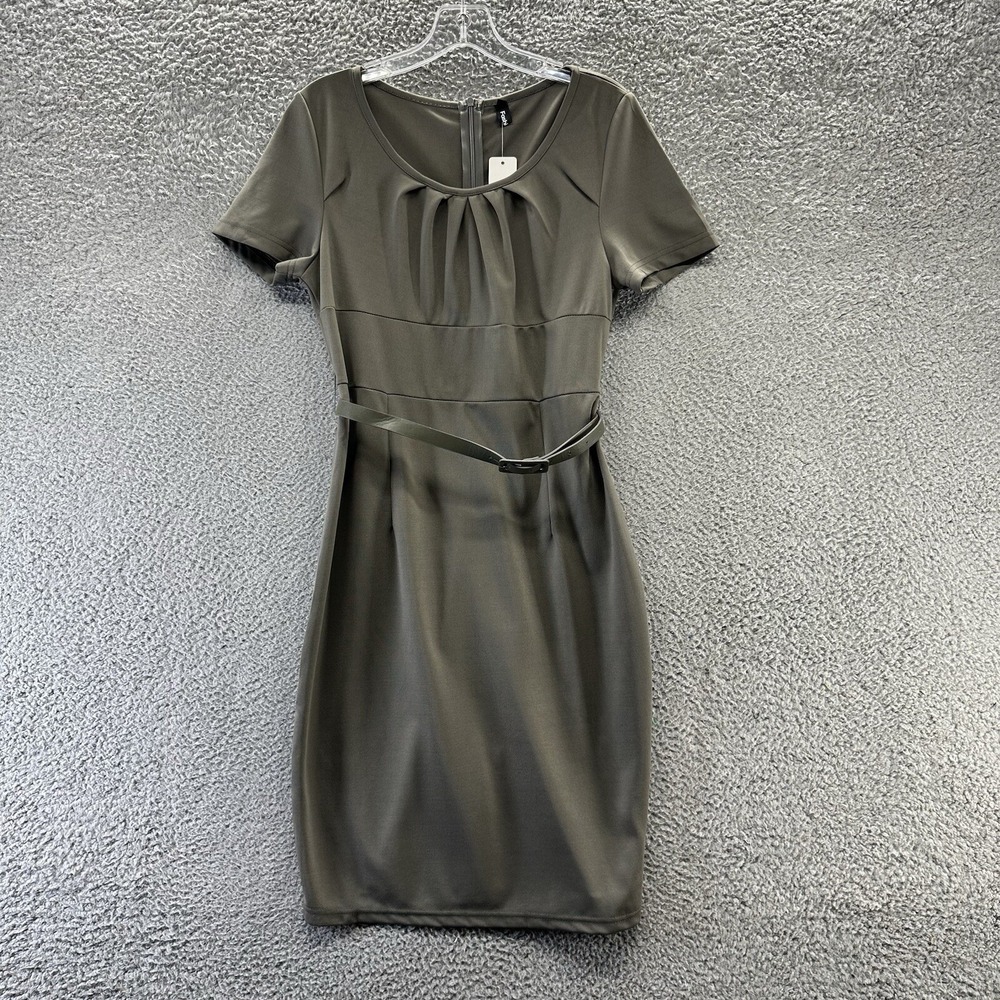 Fashionmia Dress Women's Size Large Green Belted Short Sleeve Midi Pencil Dress